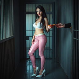 A full-length photograph of a sexy, stunning, and beautiful 18-year-old girl with pale skin and long black hair