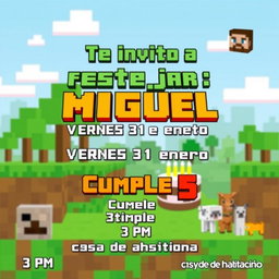 A Minecraft-themed birthday invitation designed with bright blocky graphics, featuring a pixelated landscape with trees, grass blocks, and a Minecraft character