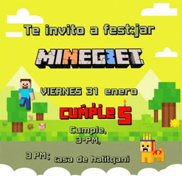 A Minecraft-themed birthday invitation designed with bright blocky graphics, featuring a pixelated landscape with trees, grass blocks, and a Minecraft character