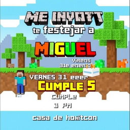 A Minecraft-themed birthday invitation designed with bright blocky graphics, featuring a pixelated landscape with trees, grass blocks, and a Minecraft character