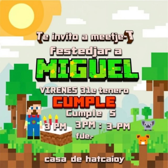 A Minecraft-themed birthday invitation designed with bright blocky graphics, featuring a pixelated landscape with trees, grass blocks, and a Minecraft character