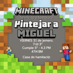 A professional-looking birthday invitation themed around Minecraft, featuring a blocky, pixelated design that resembles the game