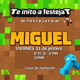 A professional-looking birthday invitation themed around Minecraft, featuring a blocky, pixelated design that resembles the game