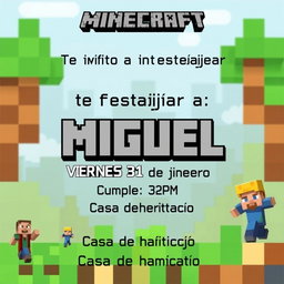 A professional-looking birthday invitation themed around Minecraft, featuring a blocky, pixelated design that resembles the game
