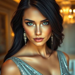 A close-up portrait of a beautiful woman with striking features, deep emerald green eyes, and long flowing black hair