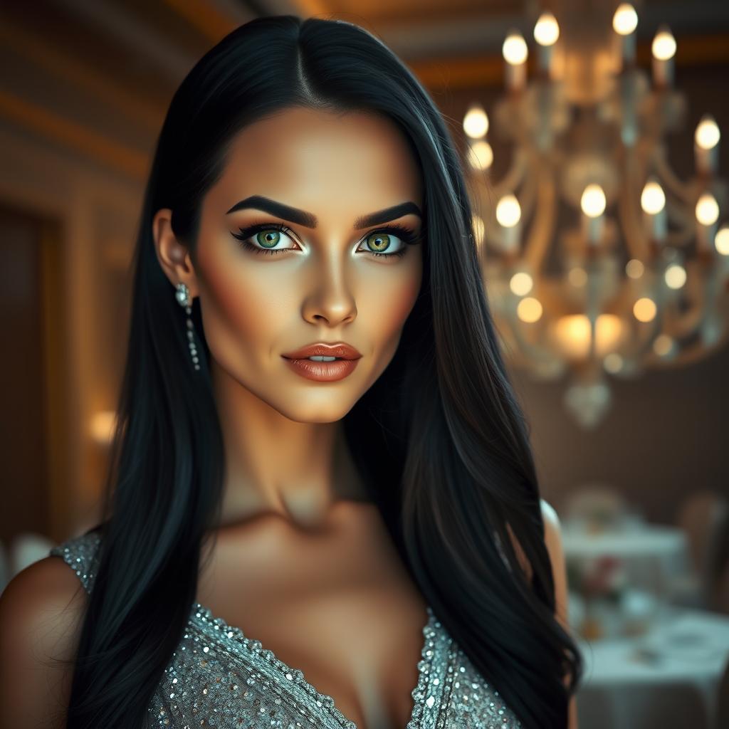 A close-up portrait of a beautiful woman with striking features, deep emerald green eyes, and long flowing black hair