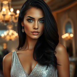 A close-up portrait of a beautiful woman with striking features, deep emerald green eyes, and long flowing black hair