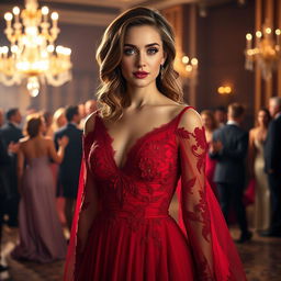 An exquisite scene of a beautiful woman with captivating violet eyes and wavy chestnut hair, elegantly dressed in a flowing red evening gown adorned with intricate lace