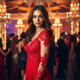 An exquisite scene of a beautiful woman with captivating violet eyes and wavy chestnut hair, elegantly dressed in a flowing red evening gown adorned with intricate lace