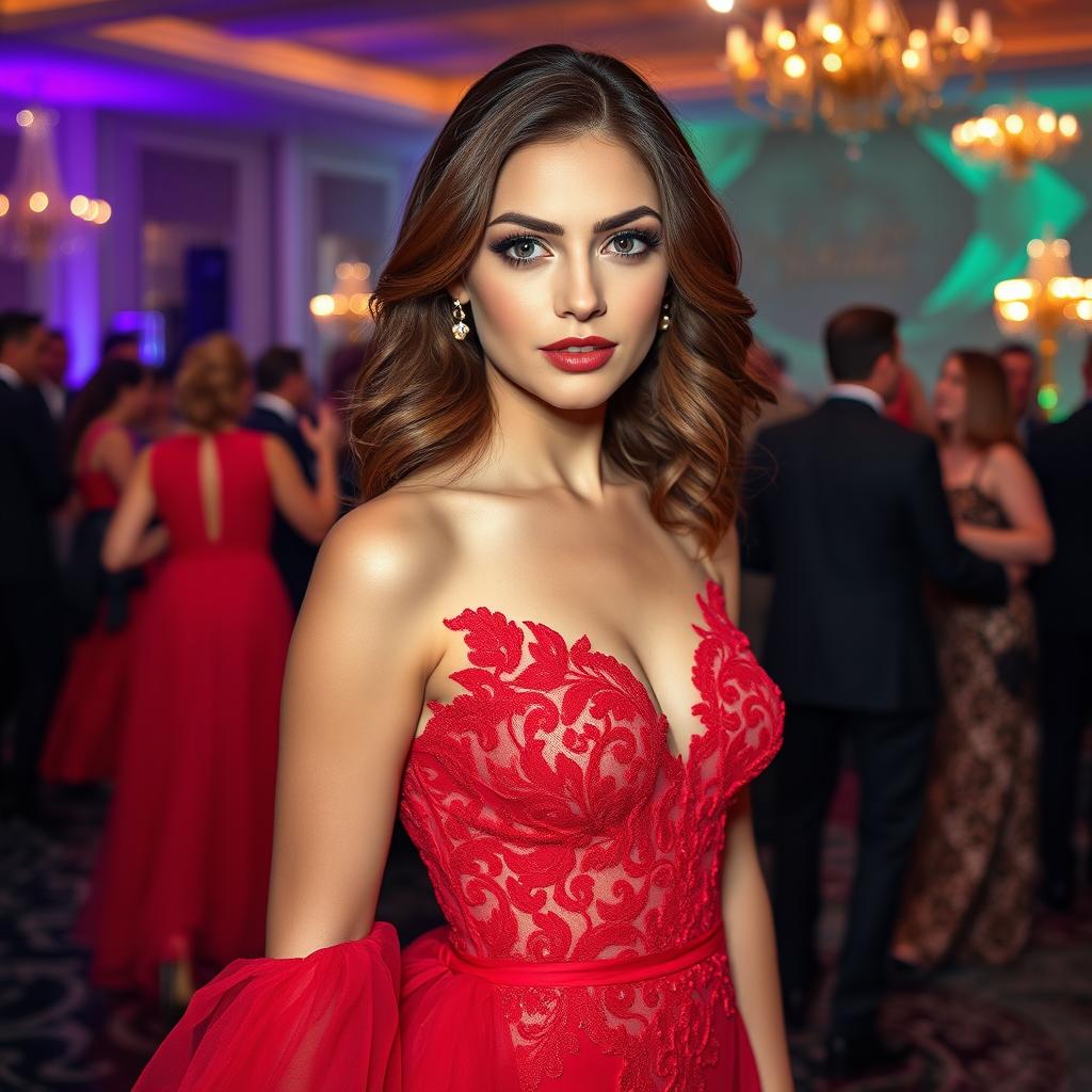 An exquisite scene of a beautiful woman with captivating violet eyes and wavy chestnut hair, elegantly dressed in a flowing red evening gown adorned with intricate lace