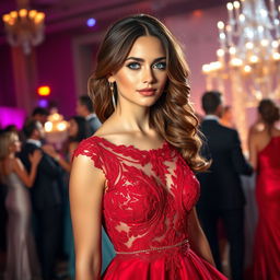 An exquisite scene of a beautiful woman with captivating violet eyes and wavy chestnut hair, elegantly dressed in a flowing red evening gown adorned with intricate lace