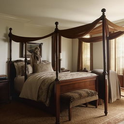 An English styled bedroom for men, with dark oak furniture, a four-poster bed, traditional decor, and a mood of quiet elegance.