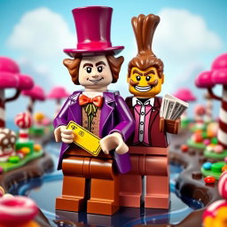 A whimsical scene featuring Lego versions of Willy Wonka and MrBeast