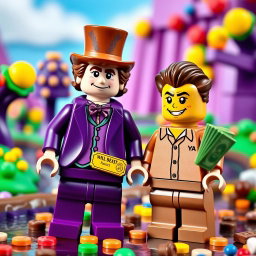 A whimsical scene featuring Lego versions of Willy Wonka and MrBeast