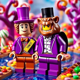 A whimsical scene featuring Lego versions of Willy Wonka and MrBeast