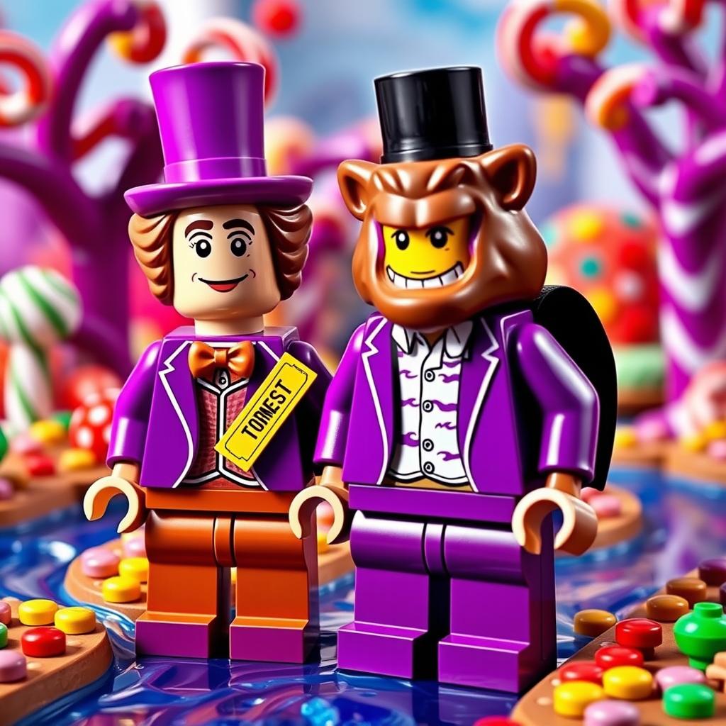 A whimsical scene featuring Lego versions of Willy Wonka and MrBeast