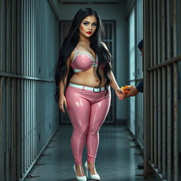 A full-length photograph of a sexy, stunning, beautiful chubby 18-year-old girl with pale skin and long black hair