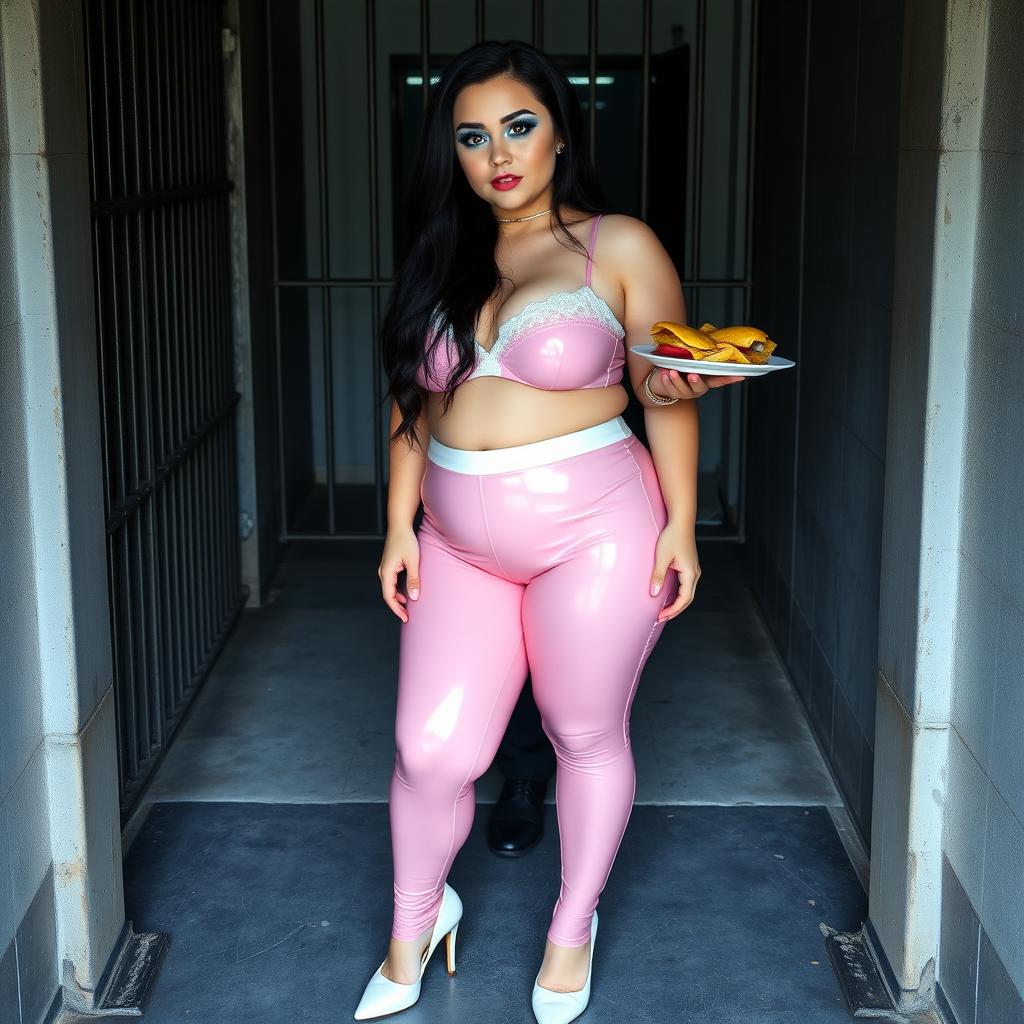 A full-length photograph of a sexy, stunning, beautiful chubby 18-year-old girl with pale skin and long black hair