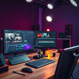 A professional workspace showcasing a modern computer setup with DaVinci Resolve open on the screen, surrounded by vibrant studio lighting