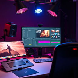 A professional workspace showcasing a modern computer setup with DaVinci Resolve open on the screen, surrounded by vibrant studio lighting