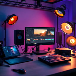 A professional workspace showcasing a modern computer setup with DaVinci Resolve open on the screen, surrounded by vibrant studio lighting