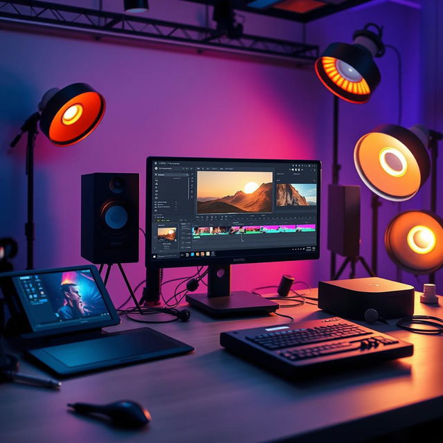A professional workspace showcasing a modern computer setup with DaVinci Resolve open on the screen, surrounded by vibrant studio lighting