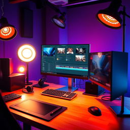 A professional workspace showcasing a modern computer setup with DaVinci Resolve open on the screen, surrounded by vibrant studio lighting