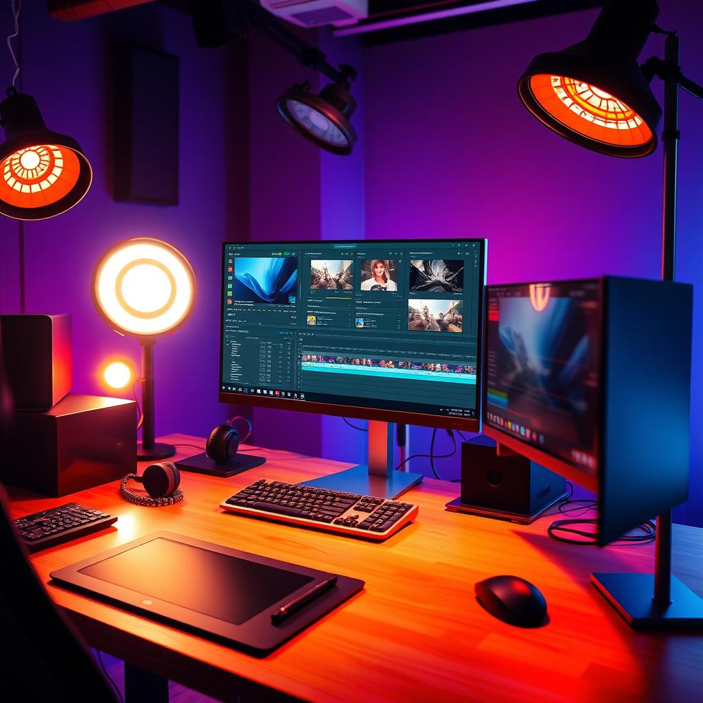 A professional workspace showcasing a modern computer setup with DaVinci Resolve open on the screen, surrounded by vibrant studio lighting
