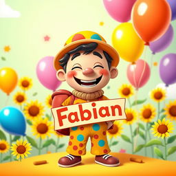 A colorful, cartoonish character inspired by Plim Plim, with a big friendly smile and a whimsical expression, dressed in a vibrant outfit adorned with playful patterns