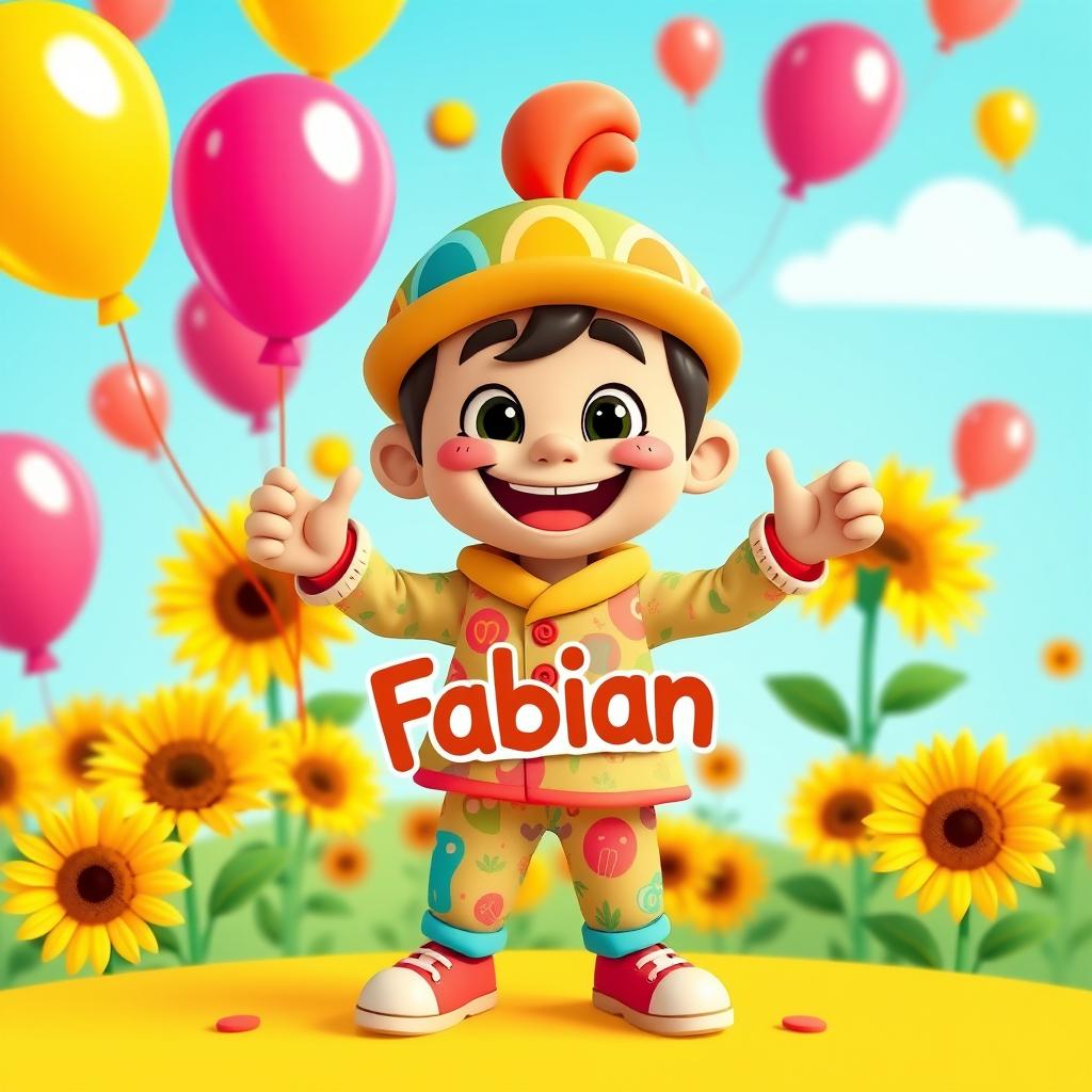 A colorful, cartoonish character inspired by Plim Plim, with a big friendly smile and a whimsical expression, dressed in a vibrant outfit adorned with playful patterns
