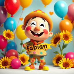 A colorful, cartoonish character inspired by Plim Plim, with a big friendly smile and a whimsical expression, dressed in a vibrant outfit adorned with playful patterns