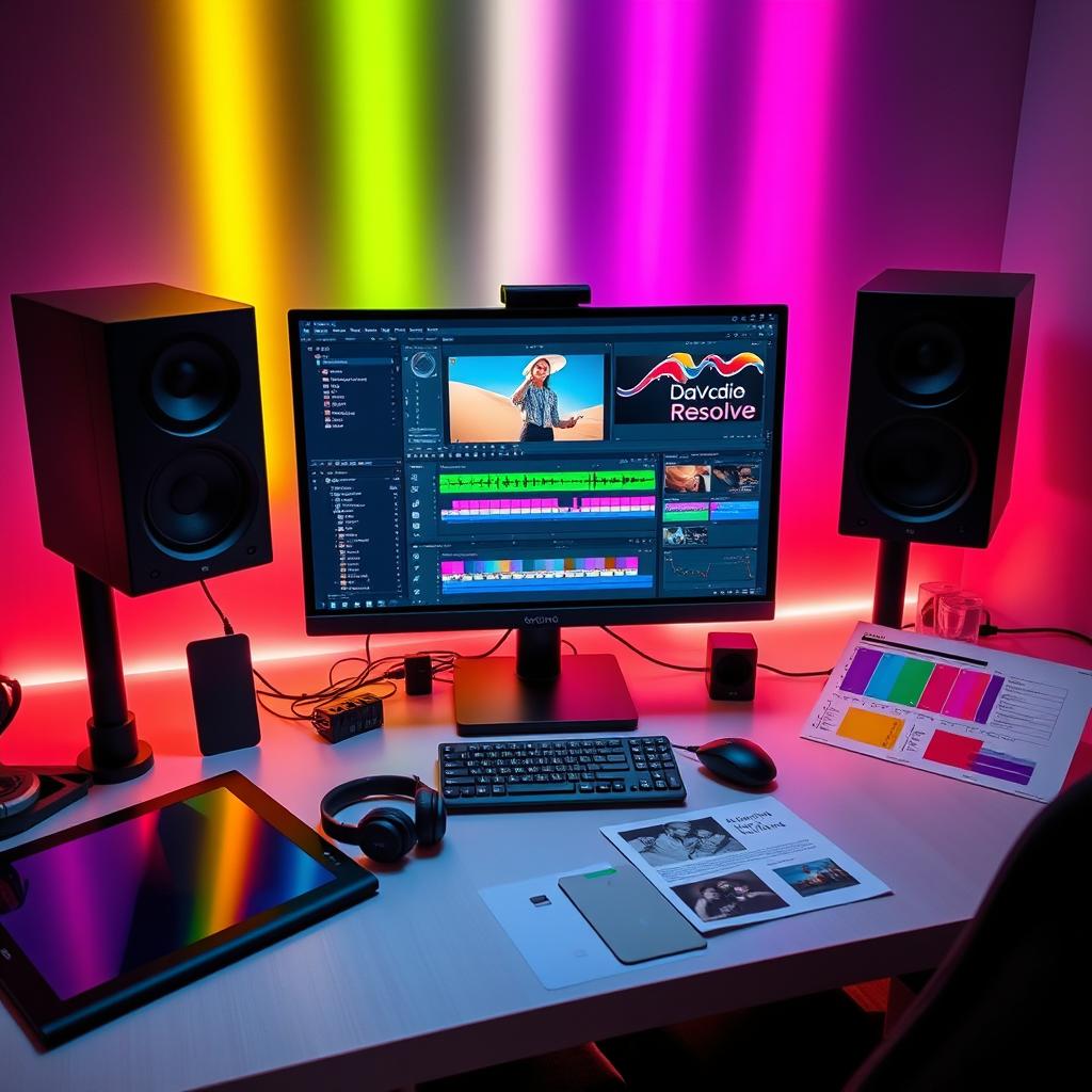 A modern and sleek workspace featuring a high-end computer setup with DaVinci Resolve displayed prominently on the screen
