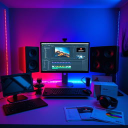 A modern and sleek workspace featuring a high-end computer setup with DaVinci Resolve displayed prominently on the screen