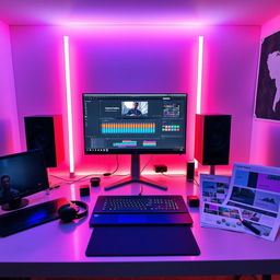 A modern and sleek workspace featuring a high-end computer setup with DaVinci Resolve displayed prominently on the screen