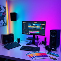 A modern and sleek workspace featuring a high-end computer setup with DaVinci Resolve displayed prominently on the screen