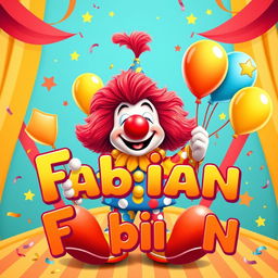 A lively and colorful clown character inspired by Plim Plim, featuring a big round nose, bright red hair, and a joyful smile