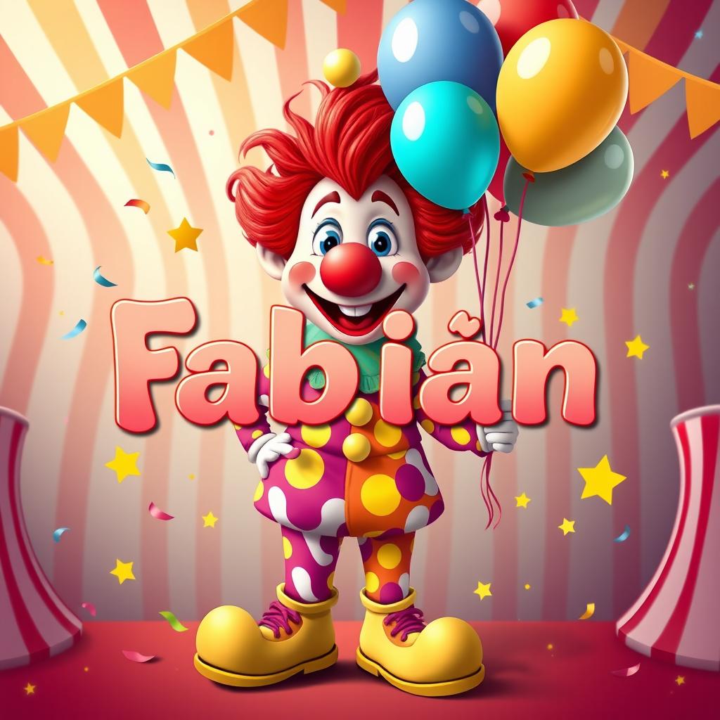 A lively and colorful clown character inspired by Plim Plim, featuring a big round nose, bright red hair, and a joyful smile
