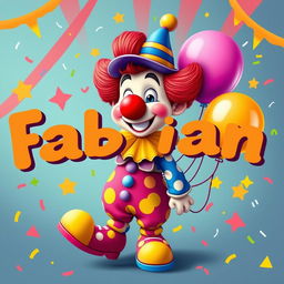 A lively and colorful clown character inspired by Plim Plim, featuring a big round nose, bright red hair, and a joyful smile