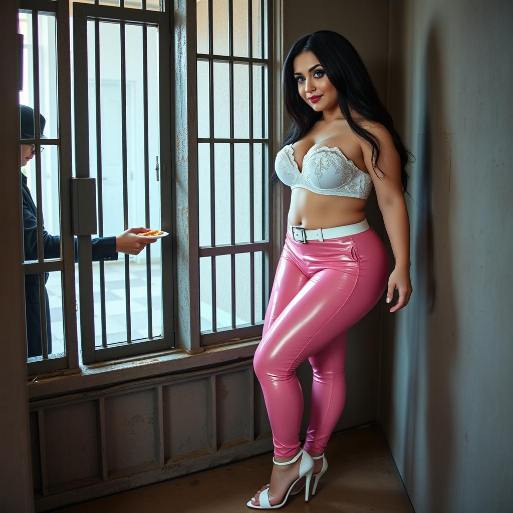 A full-length photograph of a sexy, stunning, beautiful plump 18-year-old girl with pale skin and long black hair