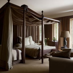 An English styled bedroom for men, with dark oak furniture, a four-poster bed, traditional decor, and a mood of quiet elegance.