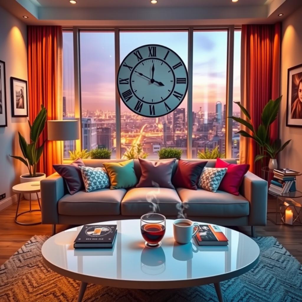 A beautifully designed living room with a modern aesthetic, featuring a large clock on the wall showing the time as 9 PM