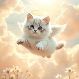A fluffy cat with a radiant halo and small, delicate wings, soaring gracefully in a heavenly setting