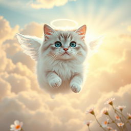 A fluffy cat with a radiant halo and small, delicate wings, soaring gracefully in a heavenly setting