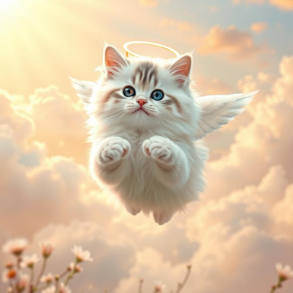 A fluffy cat with a radiant halo and small, delicate wings, soaring gracefully in a heavenly setting