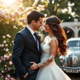A romantic scene showing a married couple celebrating their love in a beautiful outdoor setting