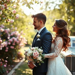 A romantic scene showing a married couple celebrating their love in a beautiful outdoor setting