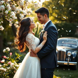 A romantic scene showing a married couple celebrating their love in a beautiful outdoor setting