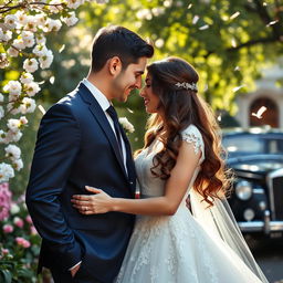 A romantic scene showing a married couple celebrating their love in a beautiful outdoor setting