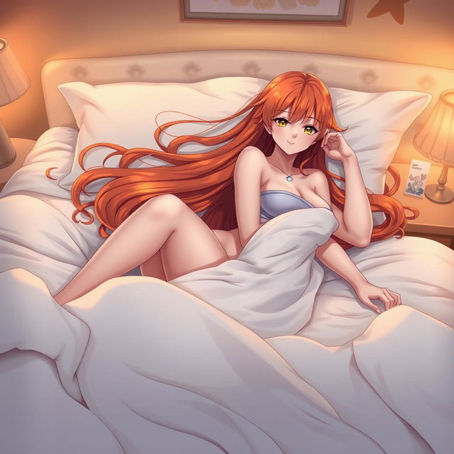 A beautiful anime character inspired by the style of Nami from One Piece, lying in bed with soft, flowing sheets around her