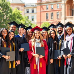 A group of diverse graduates wearing formal attire for a graduation photo